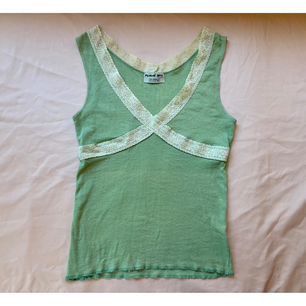 Michael Stars Sage Green Lace Trim V-Neck Tank Top Y2K Lettuce Hem One Size